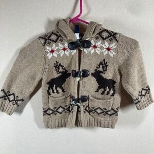Vtg Baby Gap FairIsle Cardigan 3T Tan Moose Hood Wool Blend Toggle Button Preppy